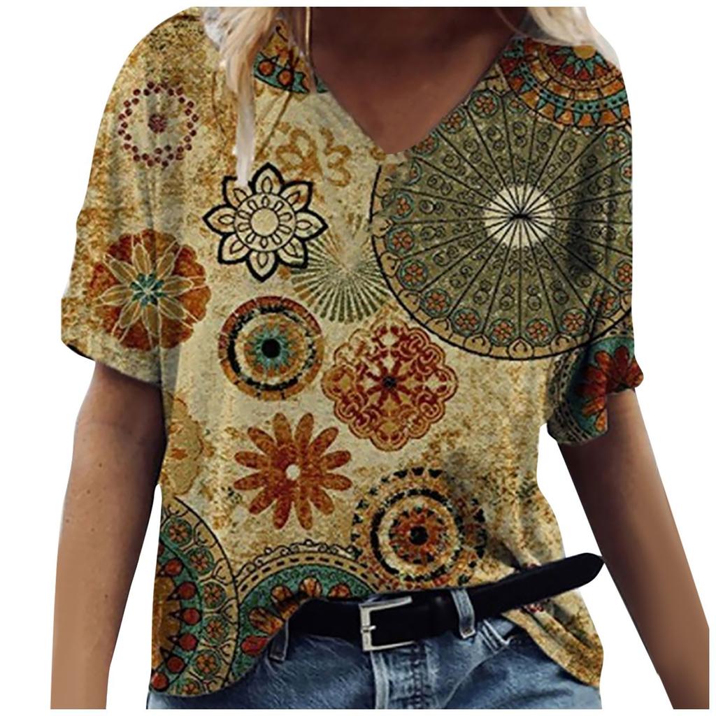 Summer Retro Pattern 3D Printed Short Sleeved Women's Loose V-neck T-shirt