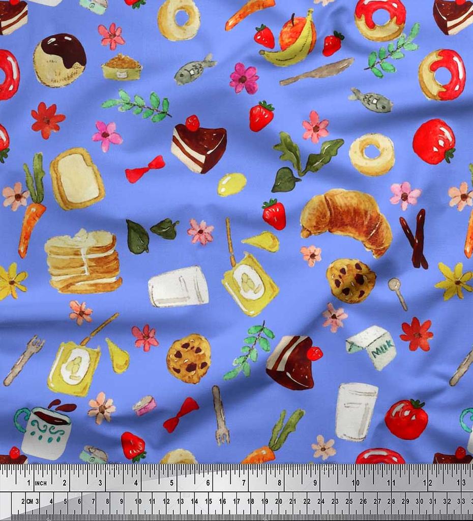 Soimoi Japan Crepe Satin Fabric Fruits,Bread & Donut Food Decor Fabric Printed metre 42 Inch