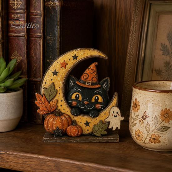 Vintage Fall Holiday Party Supplies Halloween Retro Pumpkin Witch Cat Ghost Figurines with Crescent Base, Spooky Rustic Tiered Tray Decor Wooden