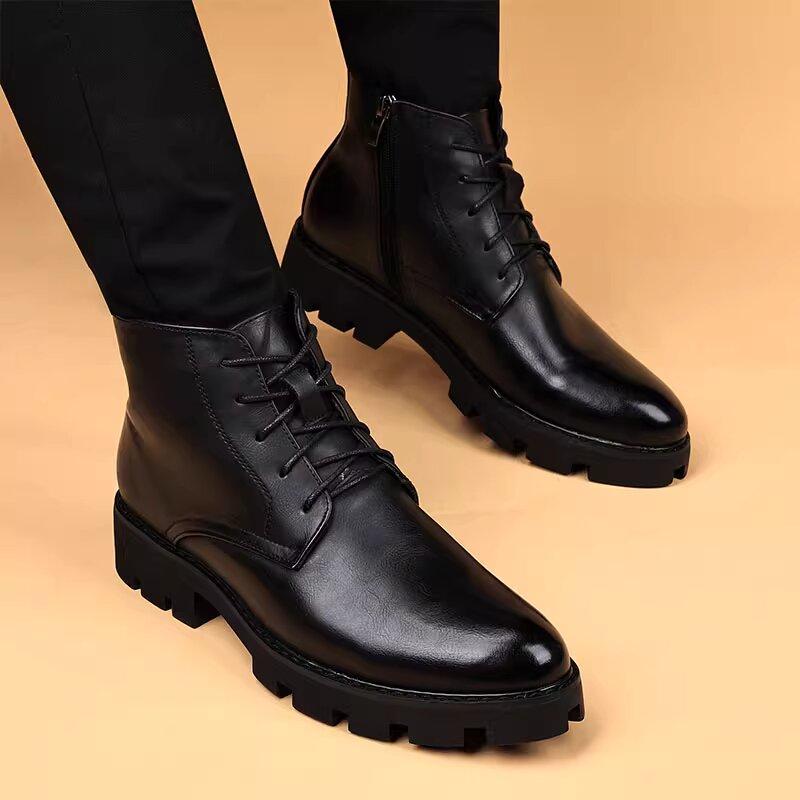 Mens Casual Natural Leather Boots Black Stylish Autumn Winter Shoes Cowboy Platform Boot Business Office Ankle Botas Masculinas