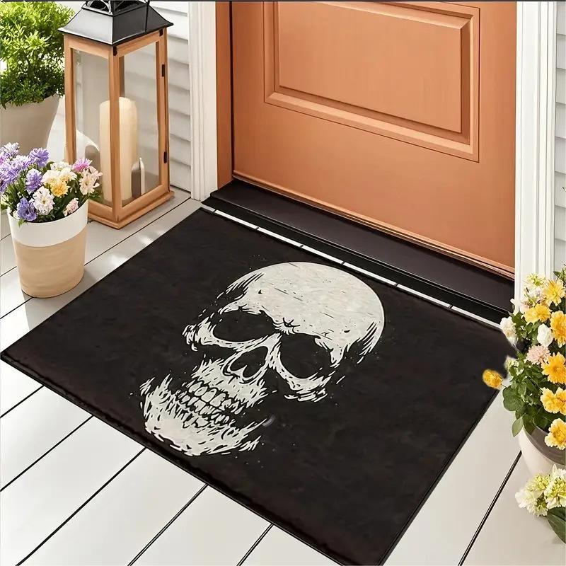 Gothic Skeleton Carpet Mat Skull Red Roses Rug Welcome Text Black Non-Slip Home Decoration Halloween Floor Mats Kitchen Mat
