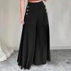 Women Pants Elastic High Waist Buttons Decor Solid Color Trousers Wide Leg Loose Fit Casual Pants Work Travel Daily Wear