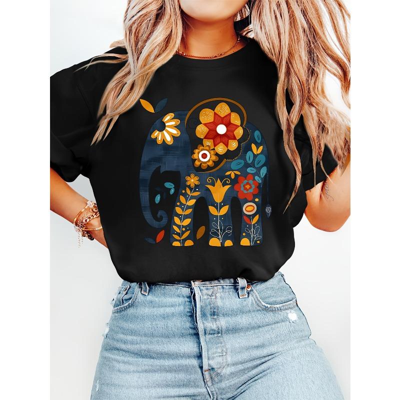 

European Size Women s Bohemian Elephant Print T-Shirt - Soft Round Neck Short Sleeve Top with Vibrant Elephant & Floral Design, All-Season Casual Wear 4XL чорний