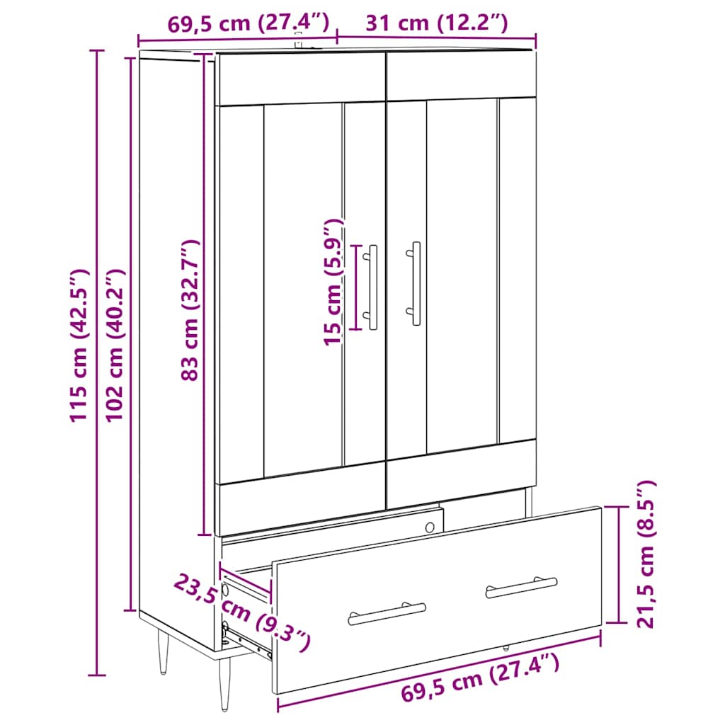 Highboard in Black Oak Look 69.5 x 31 x 115 cm Engineered Wood