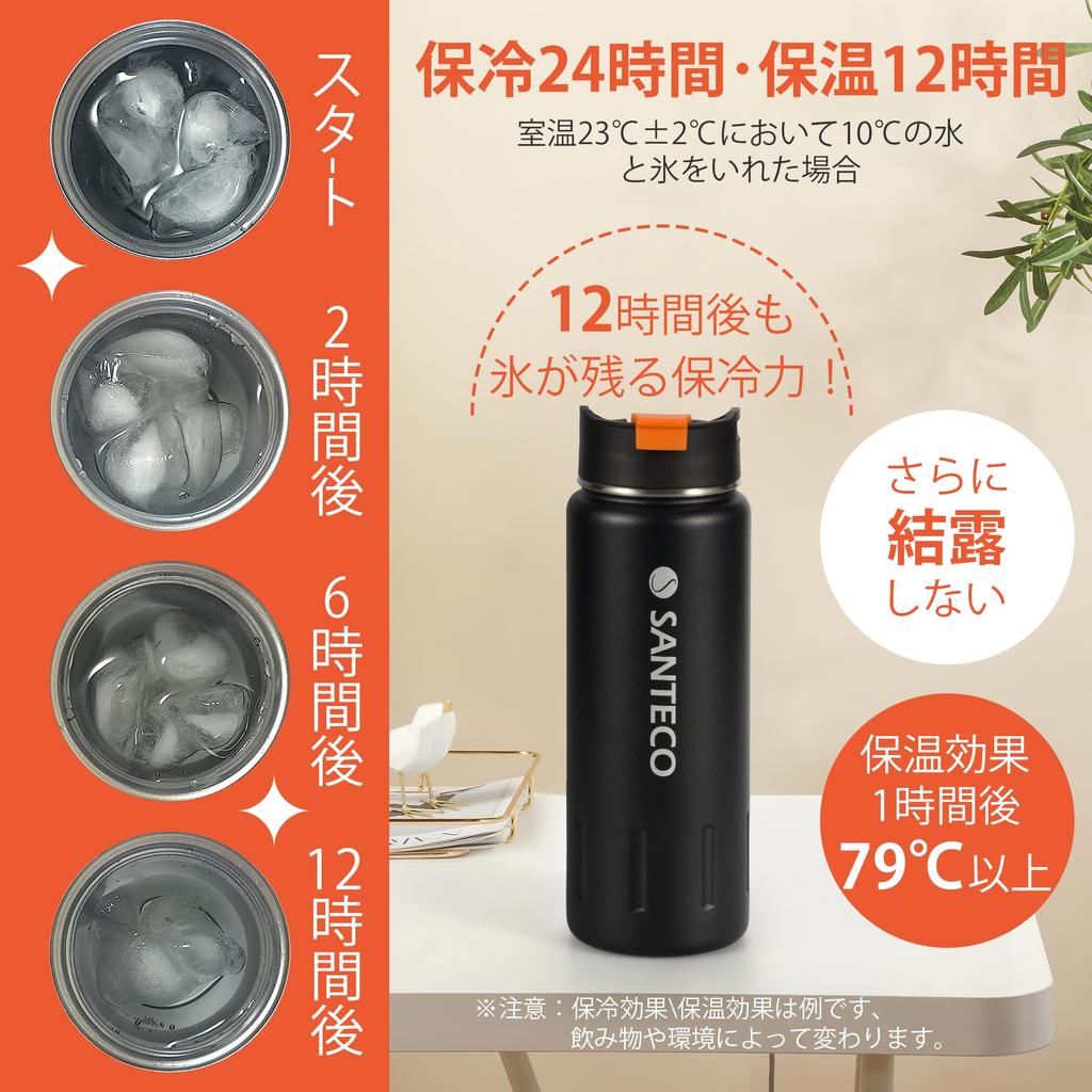SANTECO Stainless Steel Vacuum Insulated Water Bottle with Insulates Hot and Cold Wide Sports for Car Outdoor Black Lid, 710ml, Water, Mouth, Bottle,