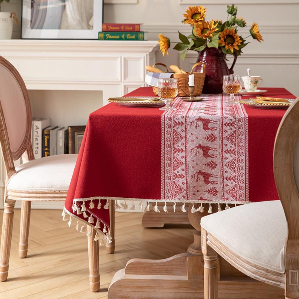 Retro Red Jacquard Tablecloth with Fringe Ideal for Wedding Christmas New Year Festive Dining Table Cover