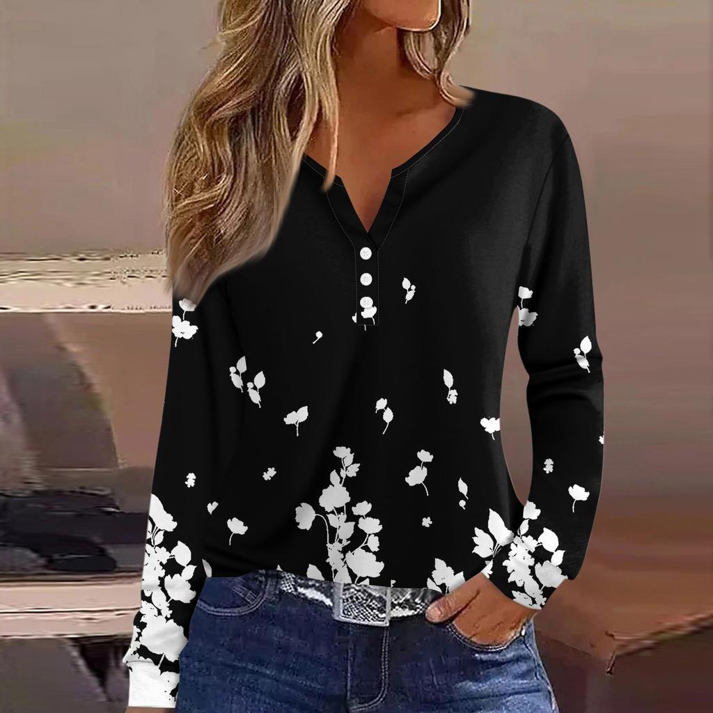 Damen-T-Shirt, T-Shirt, Knopfleiste, langärmelig, für den Alltag, Wochenende, modisch, Basic, V-Ausschnitt, normales Oberteil