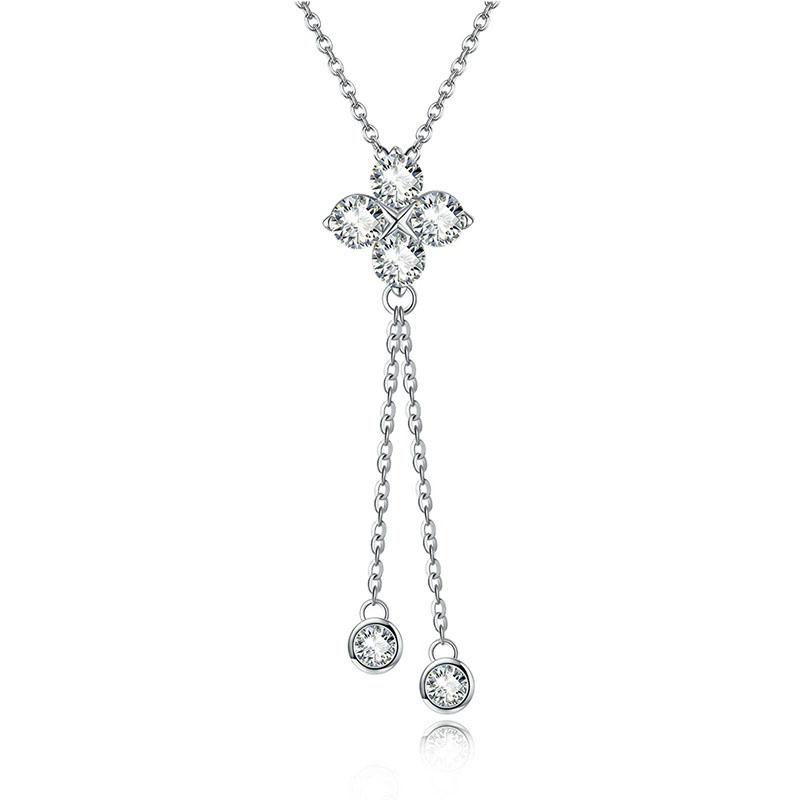 S925 Silver Moissanite Four Leaf Clover Tassel Necklace Rhodium Plated Minimalist Lucky Flower Pendant for Women Engagement 45+5CM&Moissanite