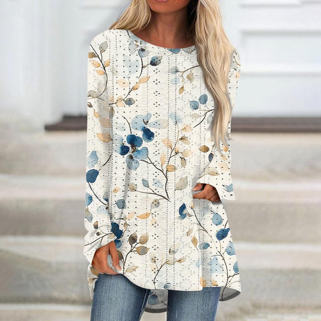 Damen Oberteile Rundhals Langarm Blusen Lässige Mittellange Hemden Mode Druck Tunika-Tops