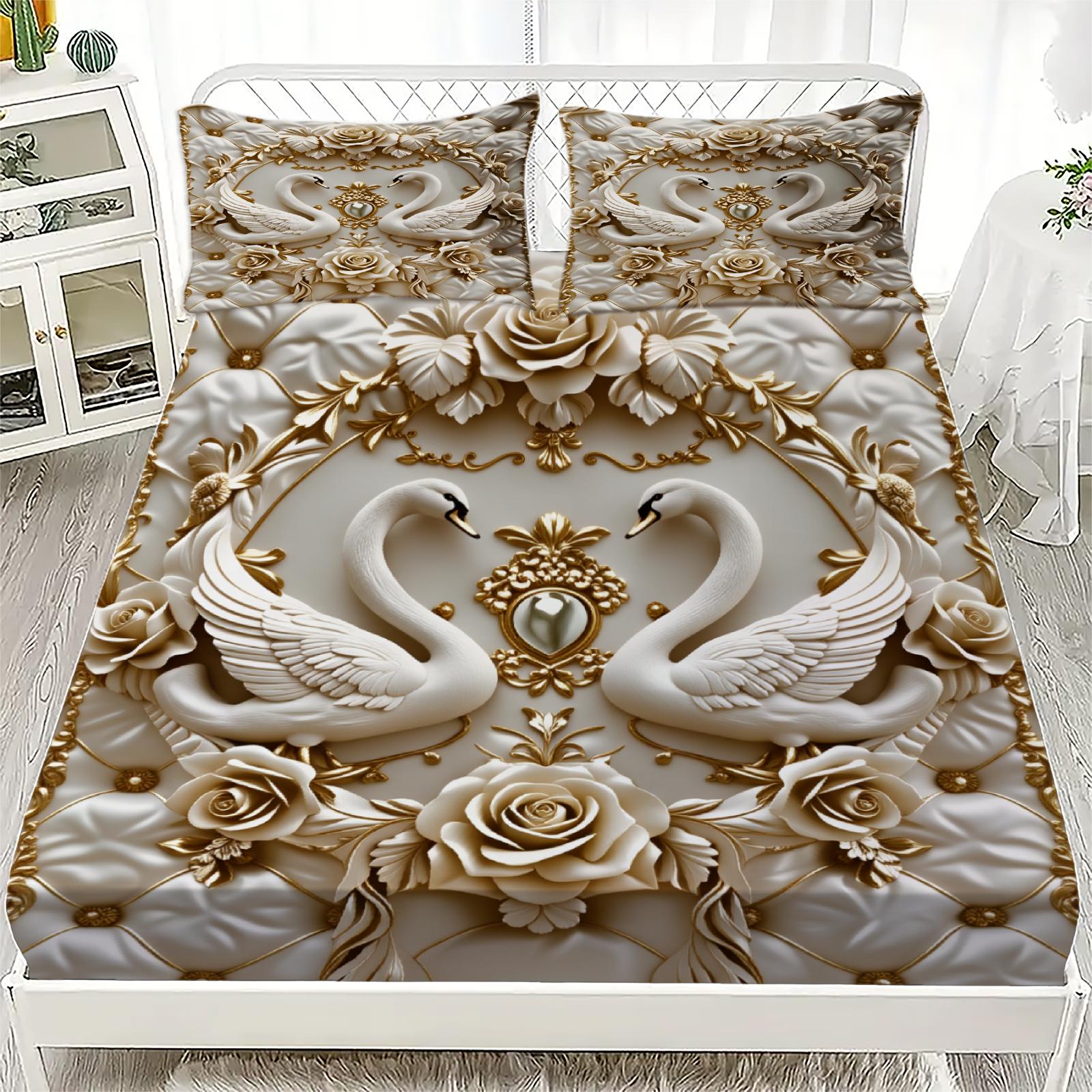 

3pcs Gold Swan Couple Fitted Sheet 3D Printed Luxury For Couples 100% Polyester Flat Sheet With 2 Pillowcases Bedroom Decoration 160x200x25cm