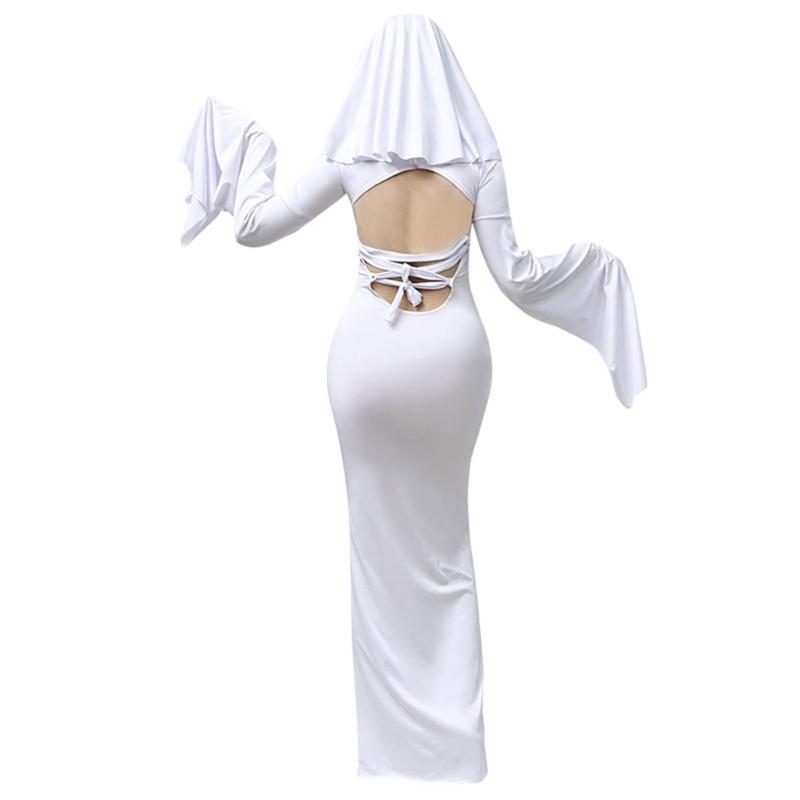 Specter Costume Women Adult Specter Costume White Backless Dress with Mask for Halloween Party Cosplay