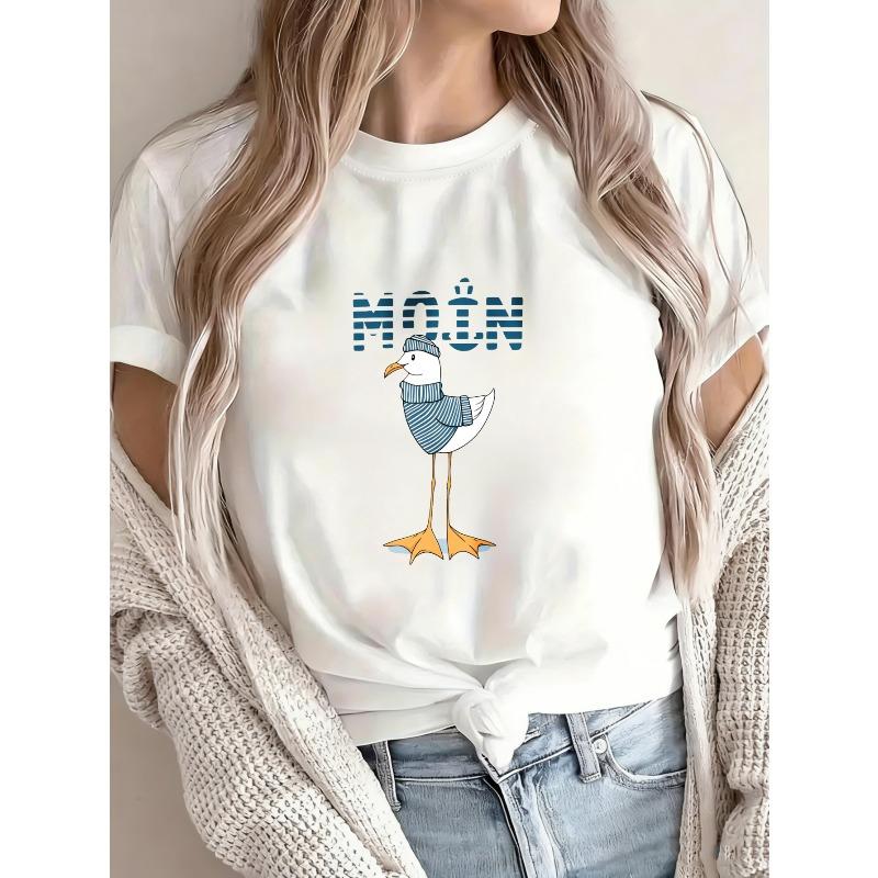 White T-Shirt With Seagull And Moan Text Print For Casual Wear