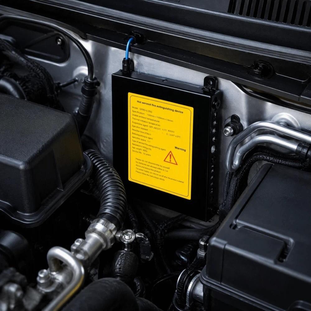 Self-Activating Aerosol Fire Extinguisher Automotive Engine Compartment