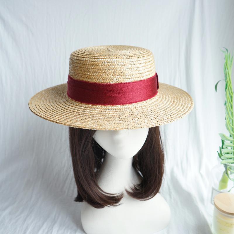Beige Red Woven Straw Hat Women'S Summer Straw Flat Top Top Top Top Hat Panama Retro Sunshade Resort Beach Foreign Trade Tide