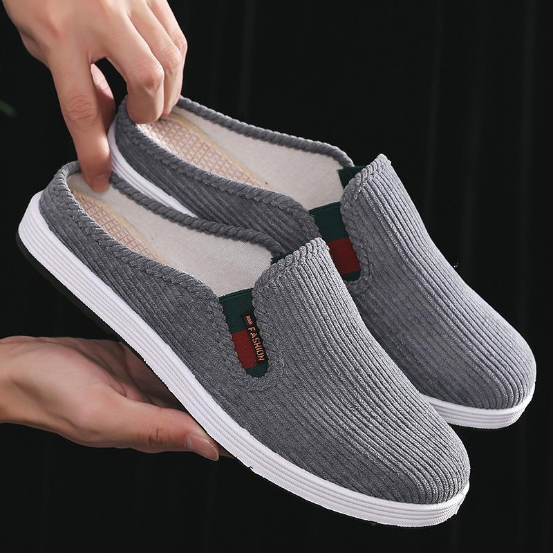 Men's Summer Old Beijing Cloth Slippers Breathable Comfortable Backless Slip-On Casual Shoes Outdoor Lazy Half Open Back Design