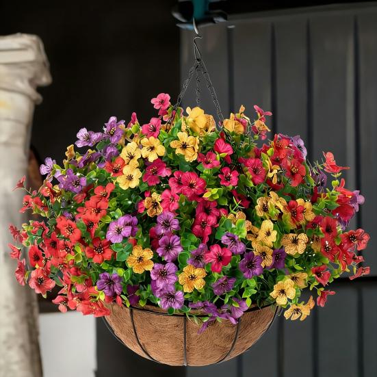 Künstliche Blumen Hängekorb Kunstblumen mit Eukalyptusblättern Hängepflanzer Enthält Blumen für Frühling Sommer Veranda Garten Terrasse