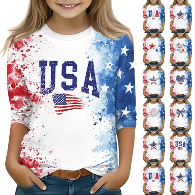 Print Tops For Youth Girls 3-10 Years Round Neck 3/4 Sleeves T-Shirts Trendy Tops Outfit Tees