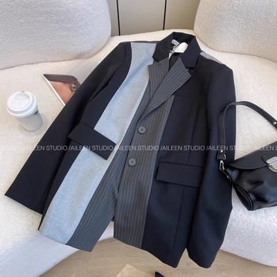 Black Grey Atitching Contrast Blazer Jacket Women Autumn Retro Design Sense Silhouette Loose Thin Suit Coat Female Top