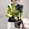 Long-sleeved Women Autumn Clothing Mesh Tops Printed Color Matching T-shirt Fashionable Autumn Clothing Bottoming Shirt
