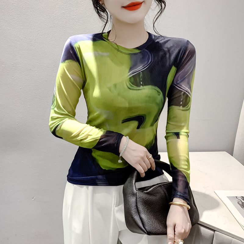 Long-sleeved Women Autumn Clothing Mesh Tops Printed Color Matching T-shirt Fashionable Autumn Clothing Bottoming Shirt