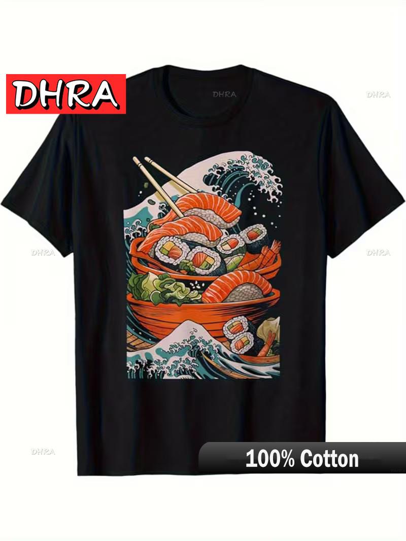 UnisexS Sushi Graphic TShirt Black Crew Neck Tee with Salmon in Streetwear T Shirt Casual Hip Hop Loose Cotton Tee 4XL