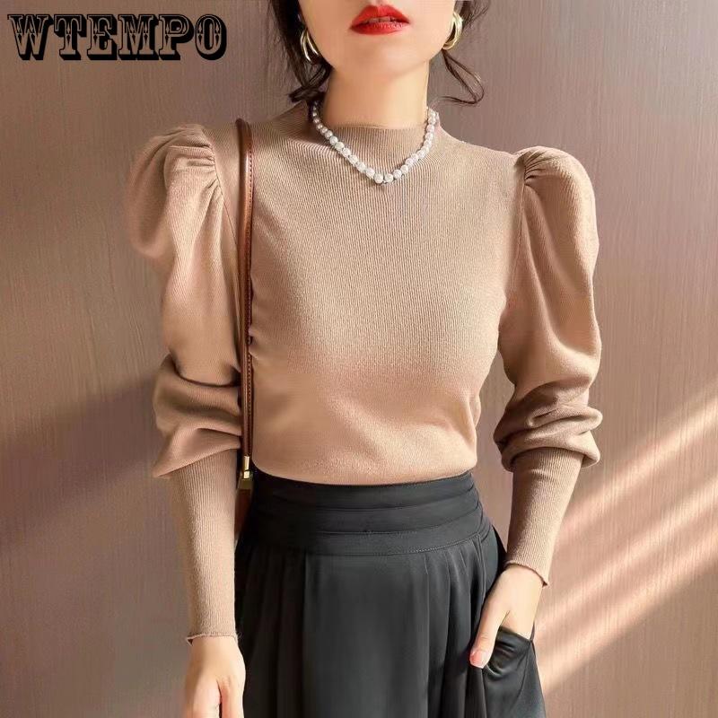 Half High Neck Sweater with Bubble Sleeves Knitted Sweater for Women In Autumn and Winter