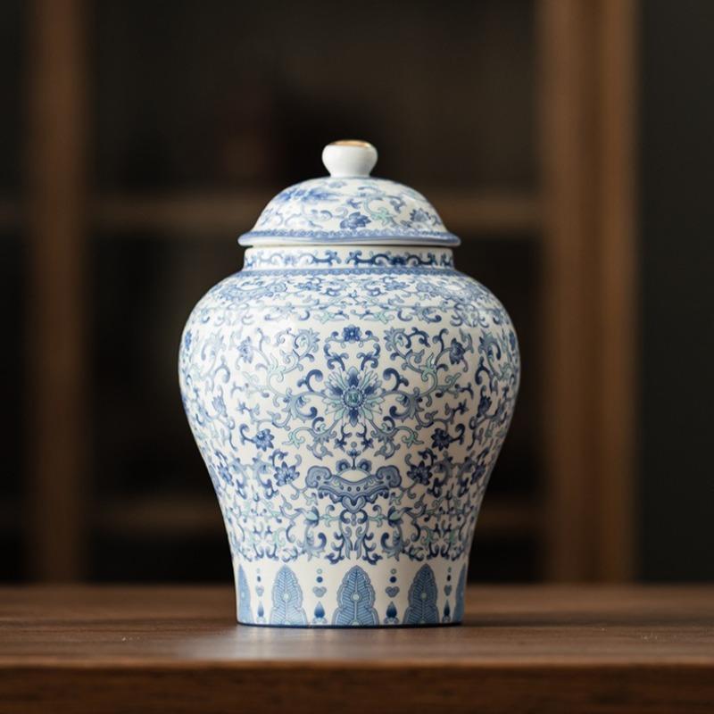 Creative Painted Floral Blue and White Porcelain Tea Pot Home Moisture-proof Sealed Coffee Jar Craft Decorative Jar Container