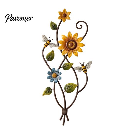 Weather Resistant Outdoor Sign Sunflower Bee Wall Art Decor, 2D Flat Floral Hanging, Country Garden Pastoral Style Hanging Flower Ornament for