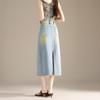 RAIN.CUN Women's High-Waist A-Line Split Denim Midi Skirt