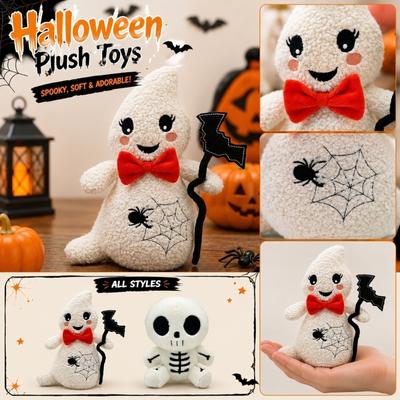 Halloween Ghost Plush Toy Soft Decorative Doll with Spider Web Print and Bat Stick for Holiday Gift and Home Display