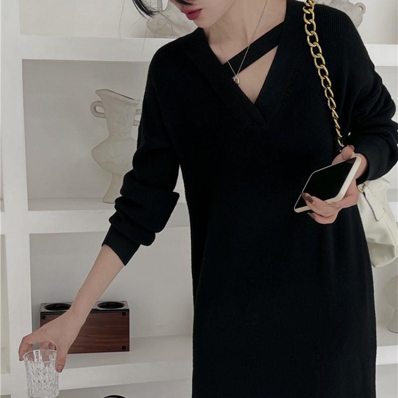Oversized Knit Midi Dress Women Fall Winter Loose V-Neck Long Sleeve A-Line Sweater Solid Color