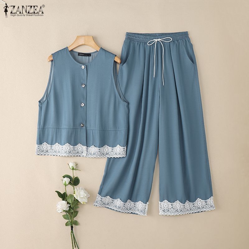ZANZEA Women Sleeveless Vest Tops and Pants Summer Two Piece Suit Sets
