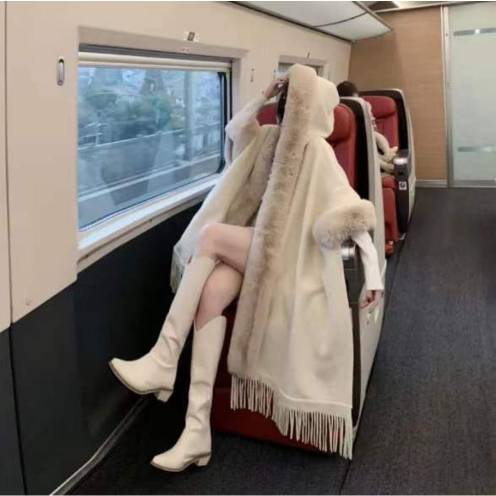 Original Hooded Fur Collar Scottish Plaid Cape Women'S Knitted Woolen Jacket 0860 #