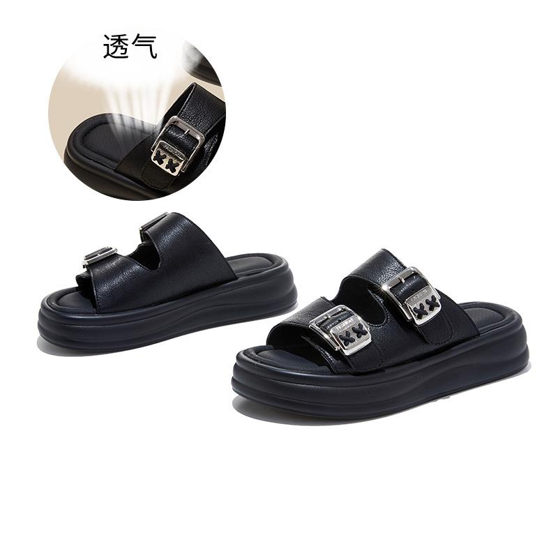 

Thick-soled slippers for women s summer wear, new casual and not tired, one-word sandals, fashionable and high-end beach semi-mops 40 чорний
