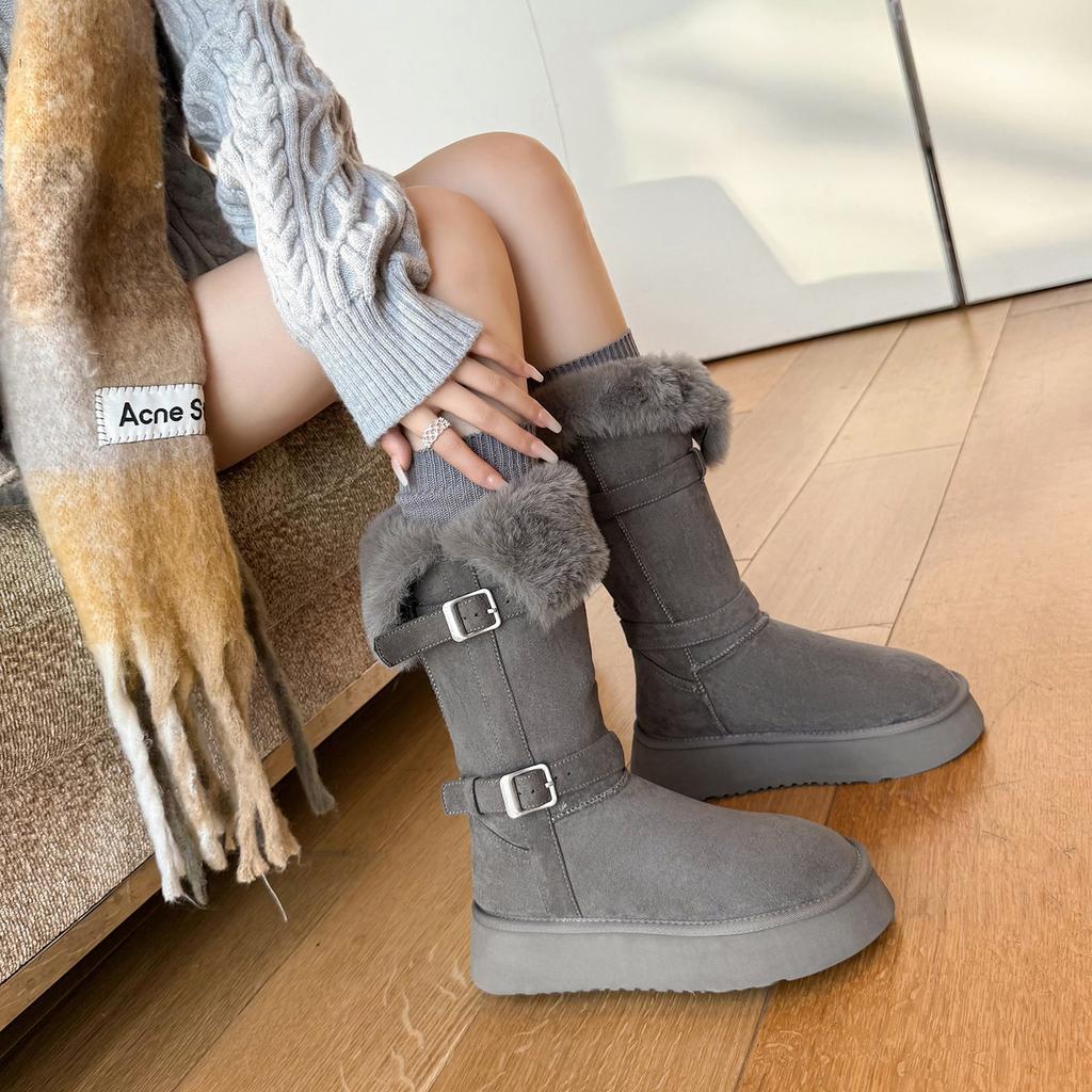 Grey Long Snow Boots Women's Non-slip Warm Thickened Velvet Platform Boots Northeast Snow Cotton Shoes Winter