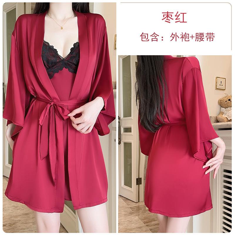 Women's Plus Size Satin Lace Trim Padded Sleep Dress with Robe Lounge Set