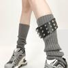 Gothic Punk Ribbed Knit Leg Warmer Sleeve with Metal Rivets Leather Belt Motorcycle Boot Covers Footless Socks for Women