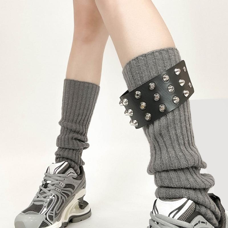 Gothic Punk Ribbed Knit Leg Warmer Sleeve with Metal Rivets Leather Belt Motorcycle Boot Covers Footless Socks for Women
