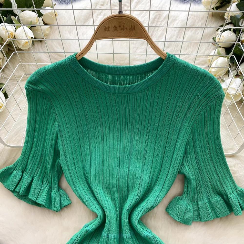 Robe longue élégante à col rond et manches courtes, style vintage à volants, en tricot, slim, style français, pour femme, automne-hiver, vêtements élastiques