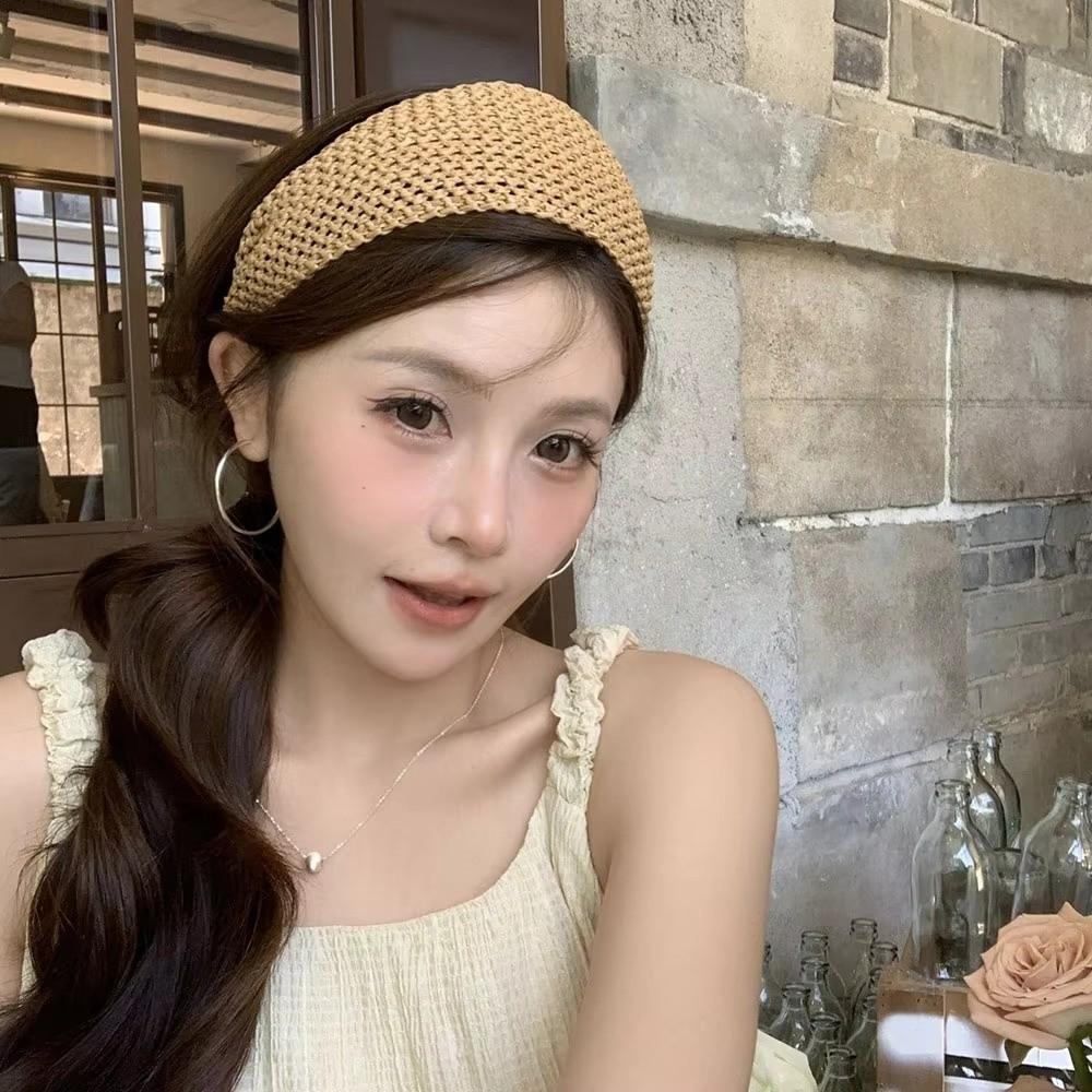 Elegantes Strohgeflecht-Stirnband Boho-Stil Breite Kante Haarreif Rattan-Geflecht Haarband für Damen