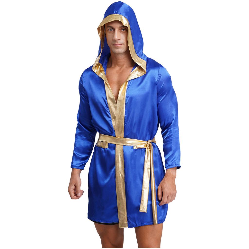 Mens Satin Hooded Cloak Shiny Trim Open Front Belt Boxing Robe