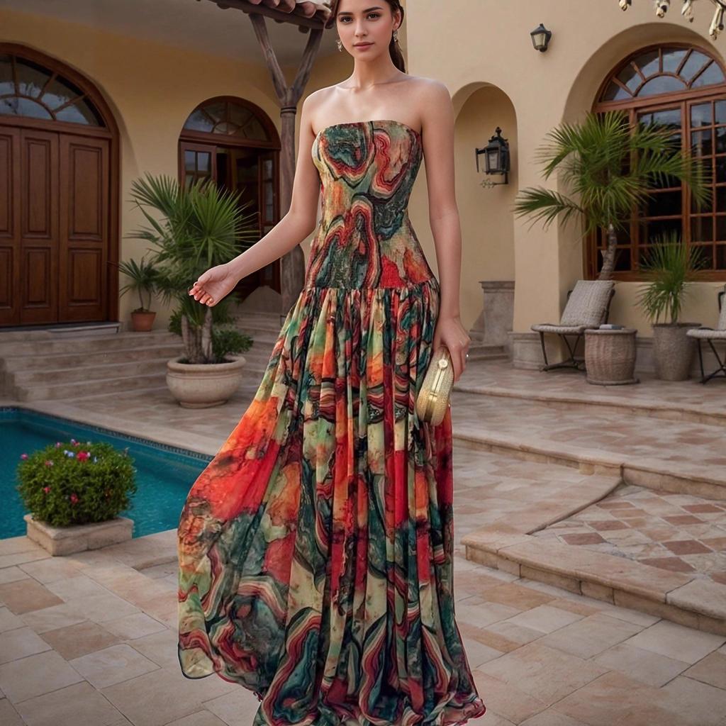 Women's Multi Color Abstract Print Strapless Maxi Dress Elastic Waist Flowy Long Dress
