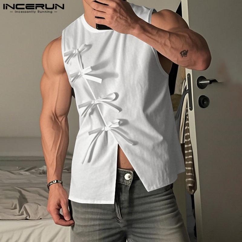 

INCERUN Summer Men O-neck Sleeveless Oblique Bow Splits Shirts Tank Tops чёрный