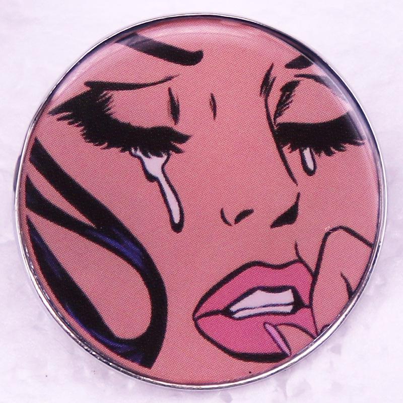 Vintage Comic Style Crying Woman Brooch Badge