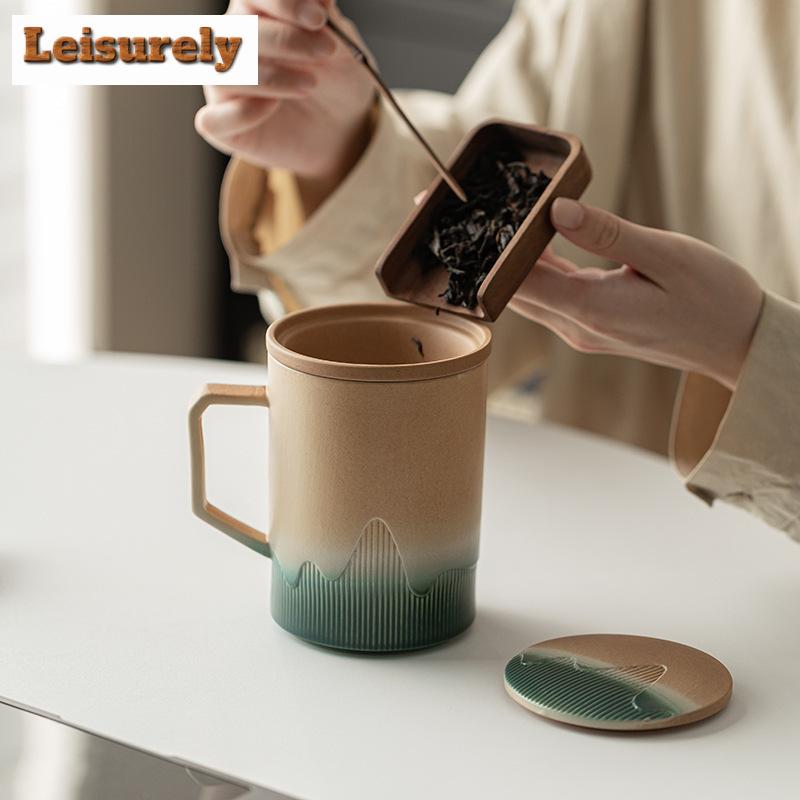 430ml Mountain Sea Ceramic Mug Tea Cup with Lid Tea Infuser Vintage Coffee Cup Japanese Breakfast Cups Handle Personalized Gifts