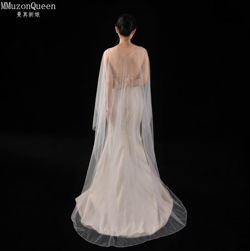 Beaded Edge Tulle Cape Train Shawl Front Short Back Long Sheer Bridal Wrap White & Black For Strapless Wedding Gown Evening Party Photoshoot