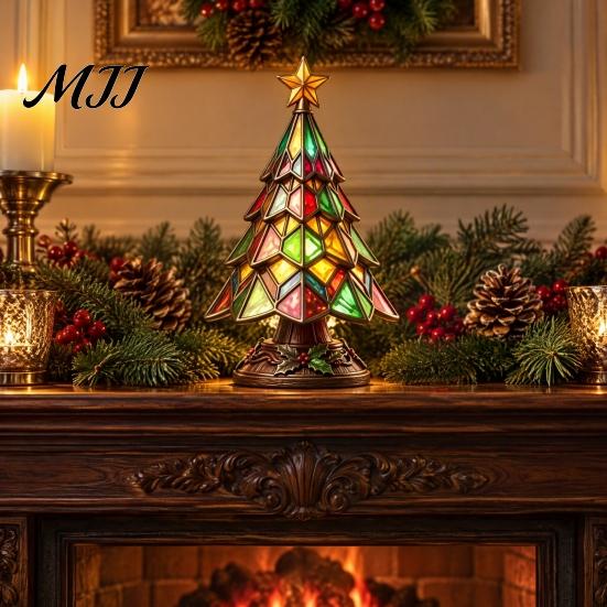 Unique Christmas Gifts for Friends Tree Table Lamp, Stained Glass Effect LED Night Light, Colorful Exquisite Resin Craft Ornaments Bedside Light