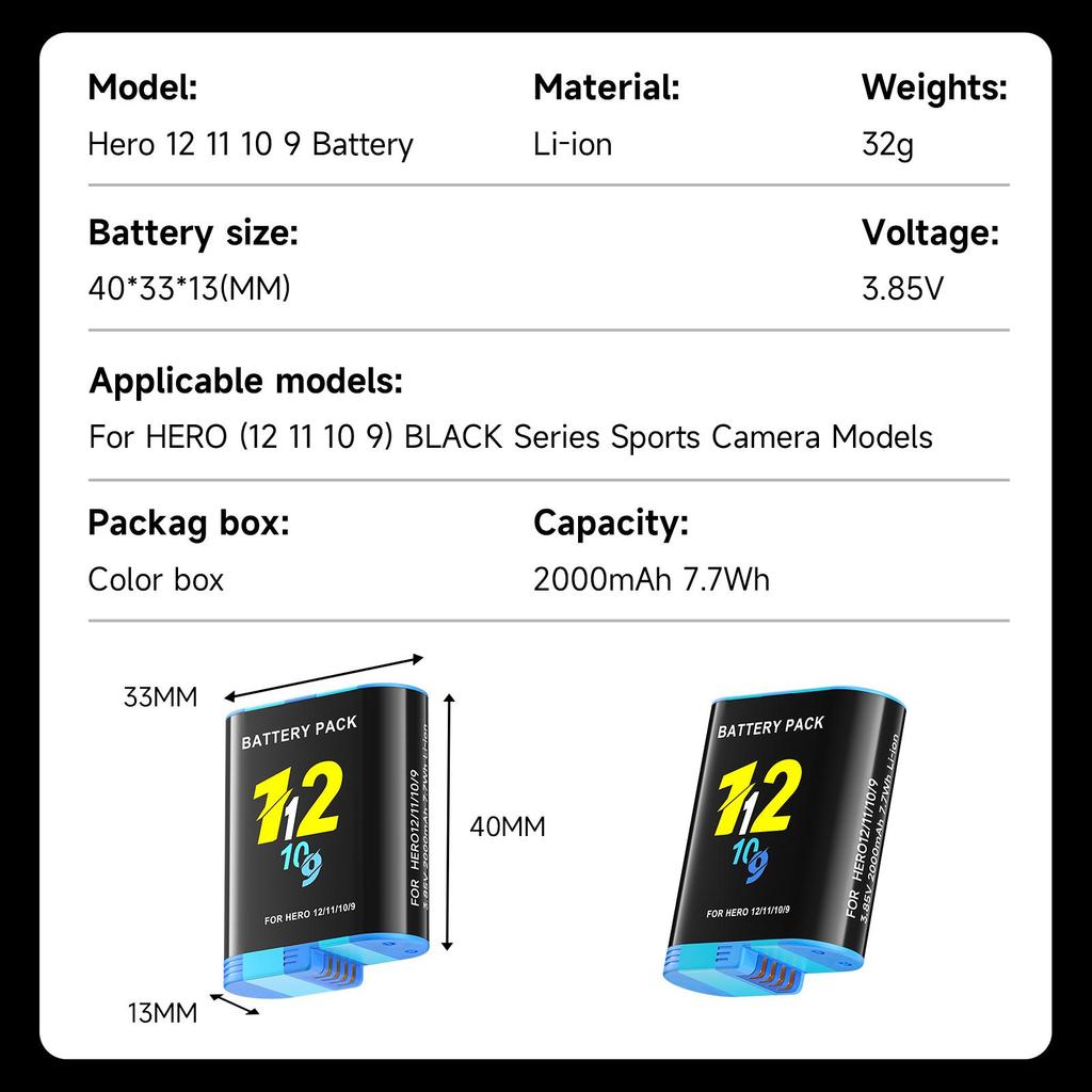 2000mAh Battery For Gopro Hero 9 10 11 12 Camera Battery with LCD 3-Slots Fast Charger Box For GoPro Hero12 11 Sport Cameras