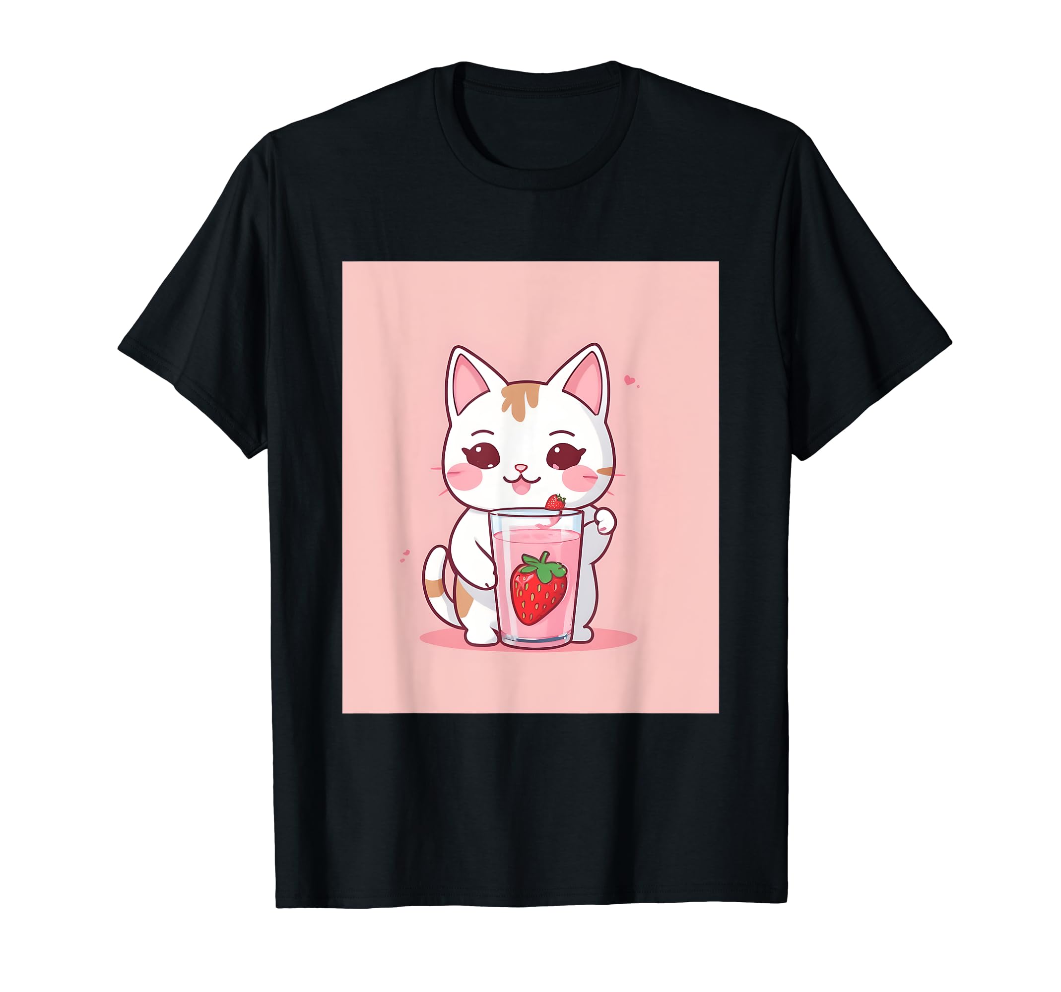 

strawberry things printed Kawaii, cat, milk, cute, Japanese, T-shirt чорний