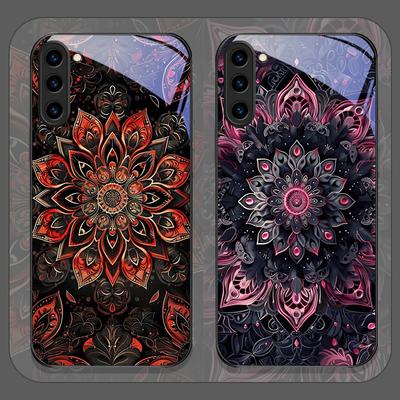 Vintage Mandala Lotusblumenmuster Gehärtetes Glas Handyhülle für Samsung Galaxy S25 Ultra S24 S23 Plus S22 S21 S20 FE 5G Cover